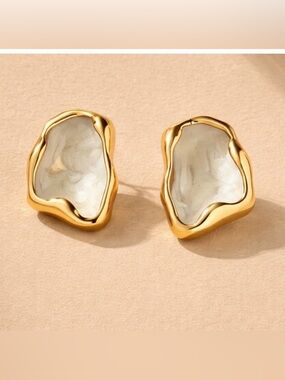 White Marble Gold Plated Earrings